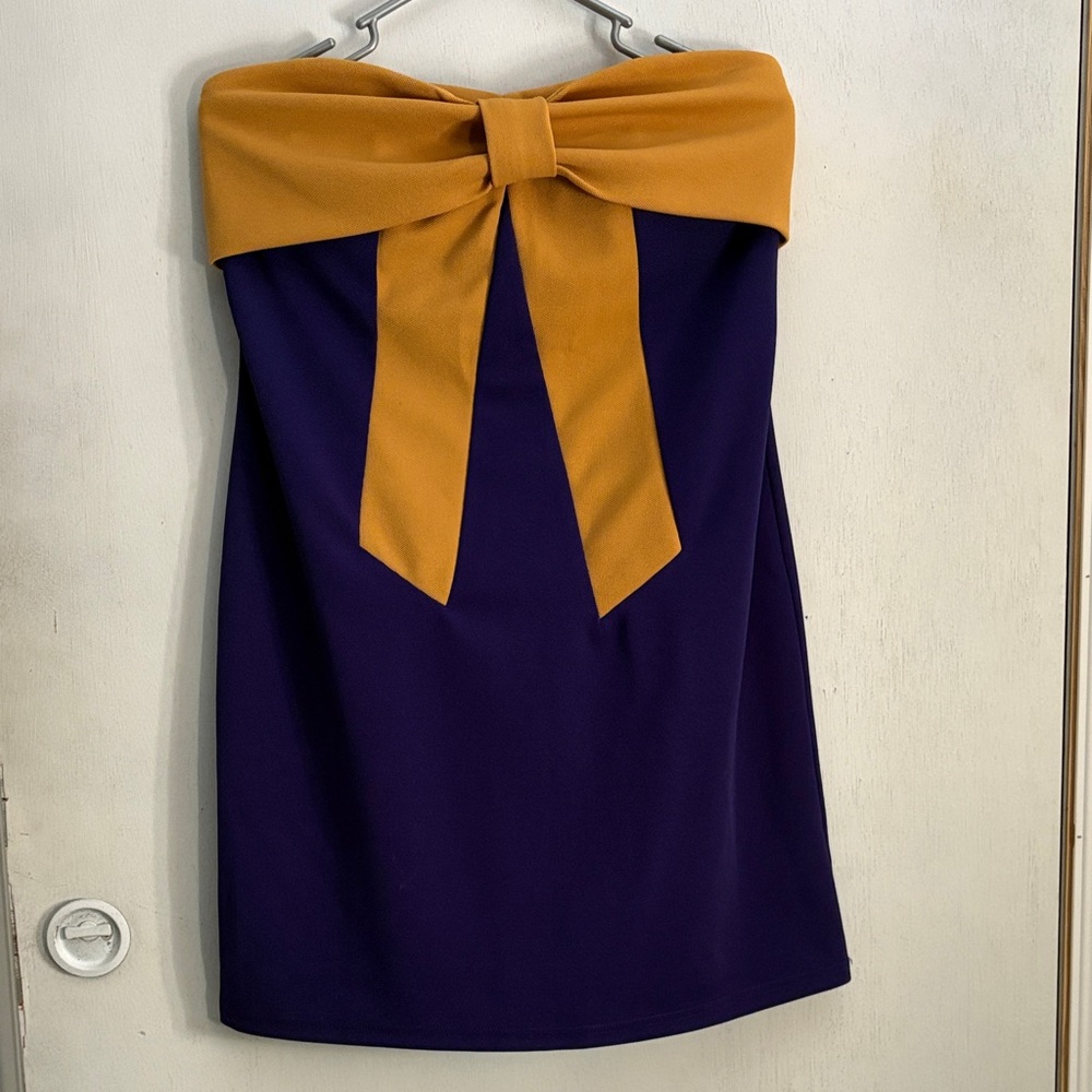 Strapless Bow-Accent Dress in Purple and Mustard